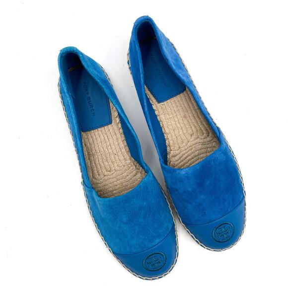 Tory Burch Suede Flat Espadrilles Cyan Blue Cap Toe Slip On Sz 8 - Picture 2 of 10